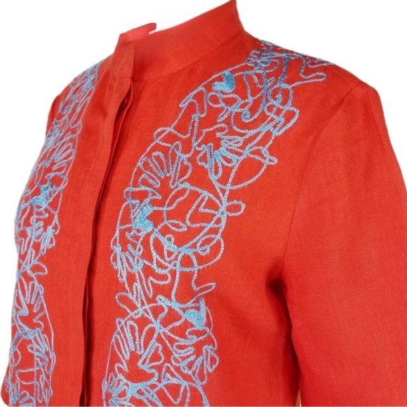 Brooks Brothers Red Linen Tunic Top with Blue Embroidery  & Pockets 10 - Picture 5 of 13